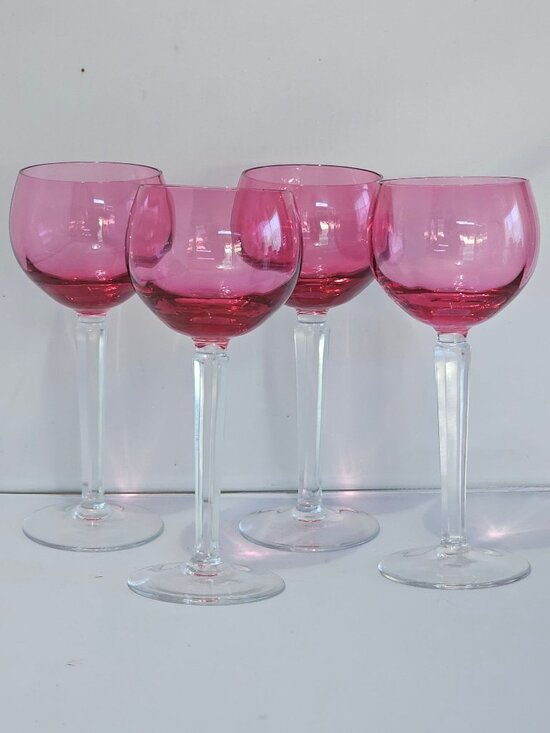 None Other - Cranberry Pink Wine Glasses Set/4 Mid Century Modern Vintage Cocktails Goblets F